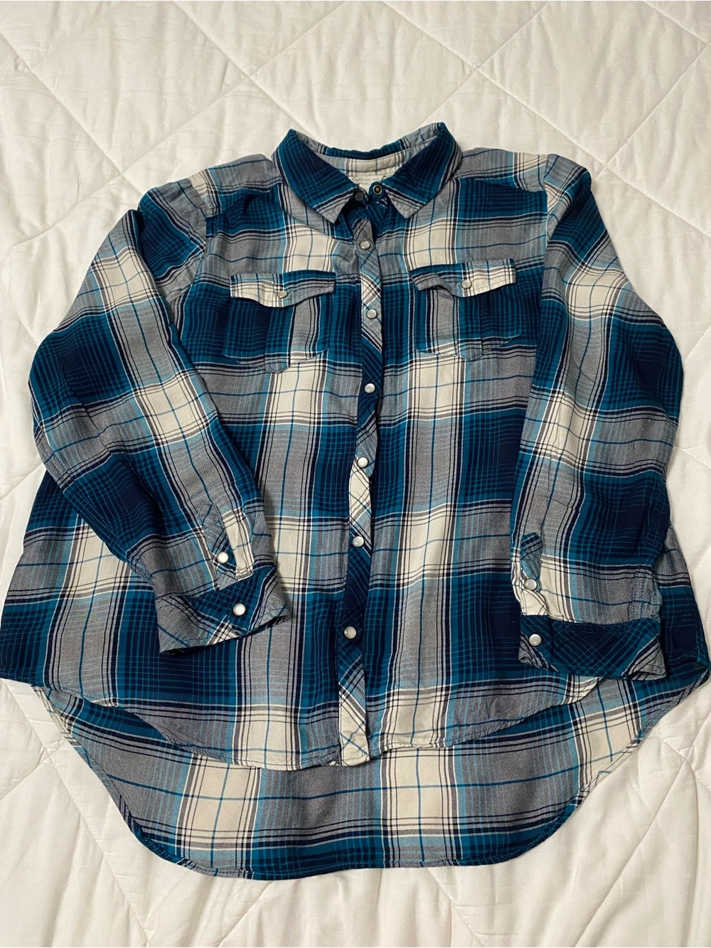 Cato Teal, Navy and Cream Plaid Button-Front Shirt Pearl Snap pockets XL